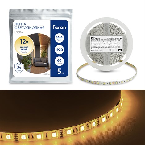 Cветодиодная LED лента Feron LS606, 60SMD(5050)/м 14.4Вт/м  5м IP20 12V 3000К - фото 50620
