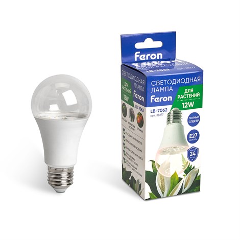 Лампа светодиодная для растений А60 Feron LB-7062 E27 12W 175-265V полный спектр - фото 69363