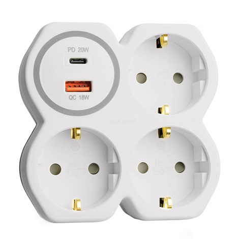 Разветвитель сетевой на 3 выхода с/з, STEKKER, 250В, 16А, USB A+Type C, 2,4А, PD, белый/серый ADP16-17-20 - фото 92746