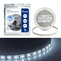 Cветодиодная LED лента Feron LS606, 60SMD(5050)/м 14.4Вт/м  5м IP20 12V 6500К