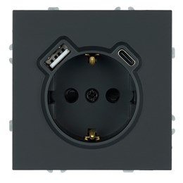 Розетка 1-местная з/ш с/з 16А + USB + Type C (механизм), Stekker, 250В, 20W, серия Эмили, черный уголь, soft-touch, RST16-5119-05