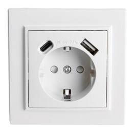 Розетка 1-местная STEKKER, PST16-9016-01, 250В, 2.1А с USB+ type C, серия Эрна, белый