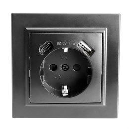 Розетка 1-местная с/з STEKKER, PST16-9016-03, 250В, 16А с USB+ type C, серия Эрна, черный